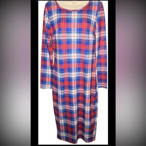 Women’s Plaid Dress M White Red Blue Ankle Length Long Sleeves Christmas Tight